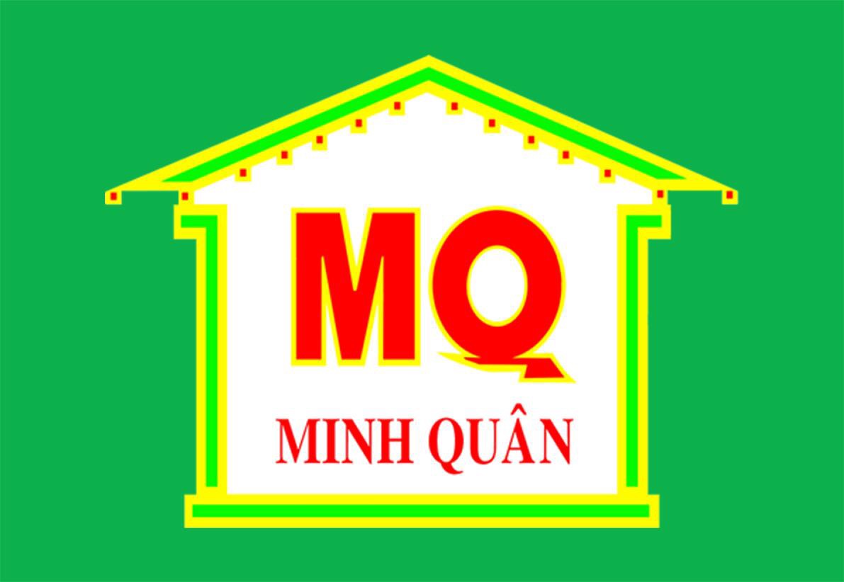 Logo công ty bất động sản Minh Quân với hình ngôi nhà, nền xanh trắng, chữ đỏ