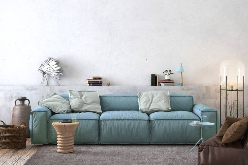 sofa xanh dương cùng gối tựa xanh lá