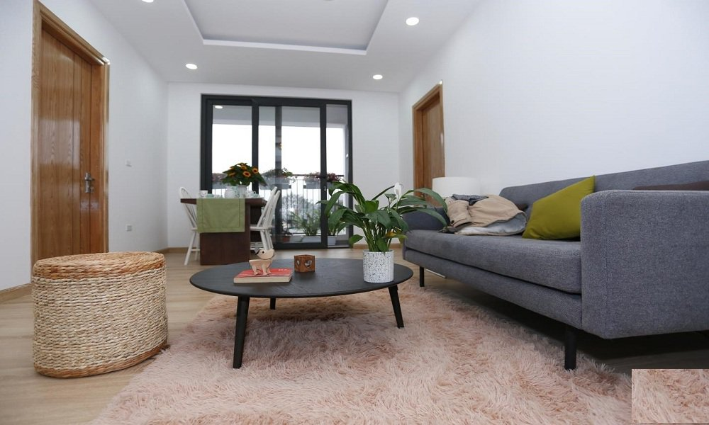 Phòng khách căn hộ chung cư với chiếc sofa màu ghi, bàn tròn, ghế mây và thảm trải sản lông màu nâu nhạt