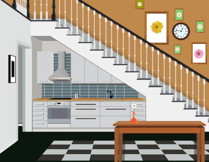 Bản vẽ một cầu thang màu trắng trên nền tường vàng, một số bức tranh, đồng hồ trên tường, dưới gầm thang là khu bếp.