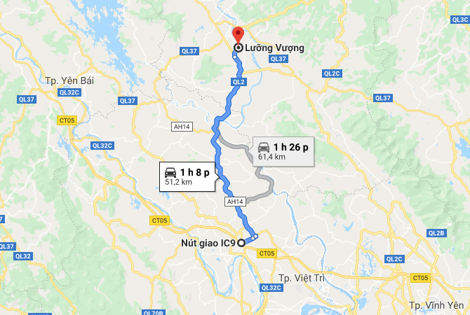 Biểu đồ thể hiện hướng tuyến Cao tốc Tuyên Quang - Phú Thọ với đường xanh đậm