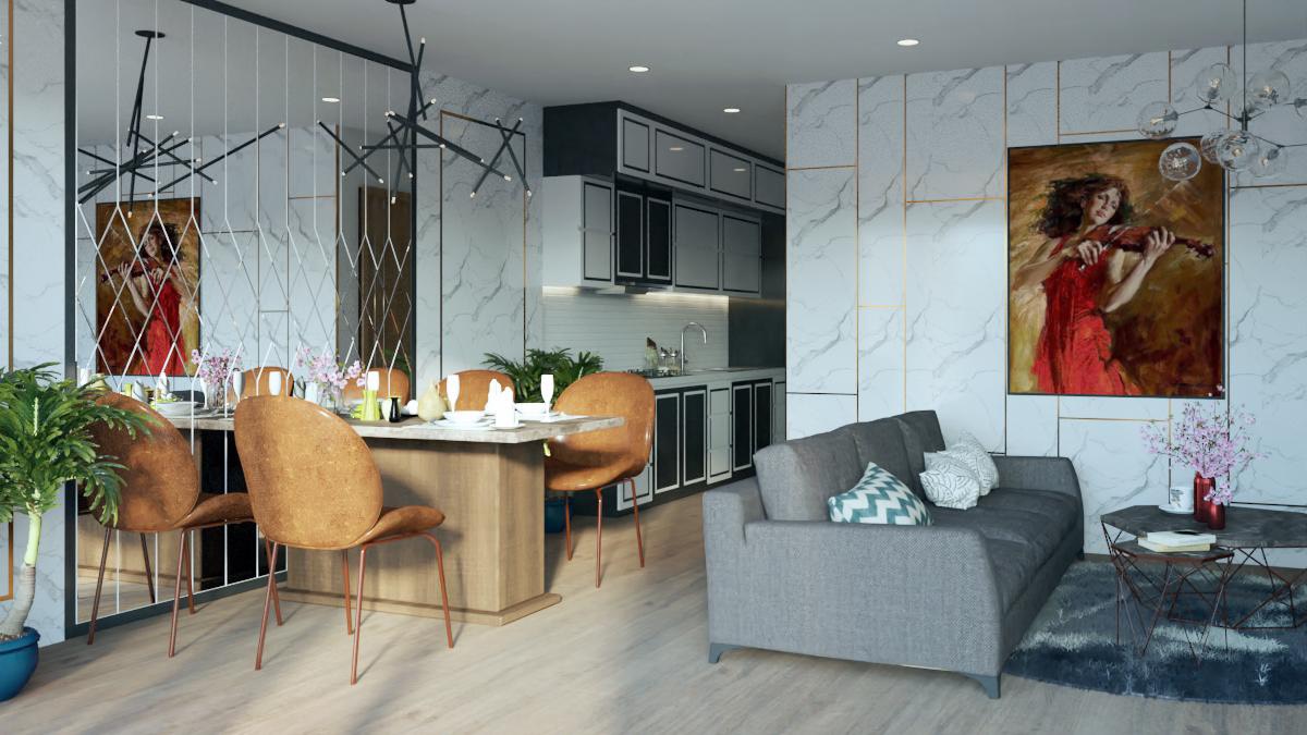 Một góc căn hộ với chiếc ghế sofa màu ghi, bộ bàn ghế ăn màu nâu, tủ bếp màu đen trắng