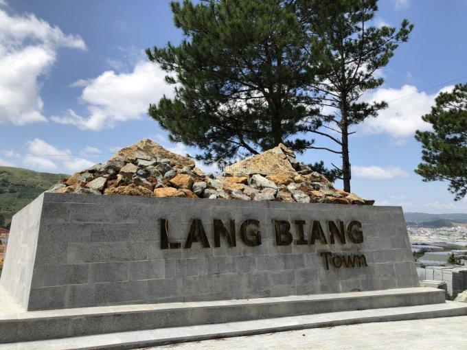 Tấm biển bằng đá ghi dòng chữ Langbiang Town nằm bên cạnh 2 cây thông
