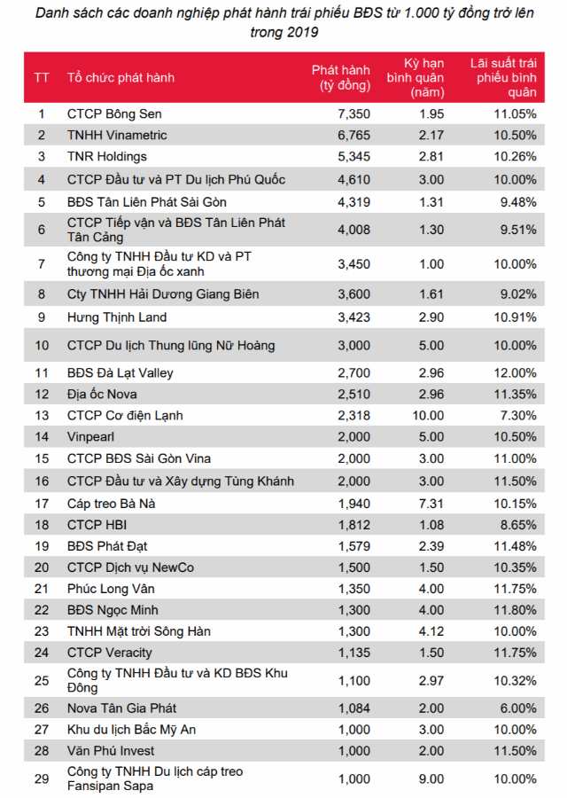 bảng thông tin về các doanh nghiệp phát hành trái phiếu bất động sản từ 1.000 tỷ đồng trở lên trong năm 2019