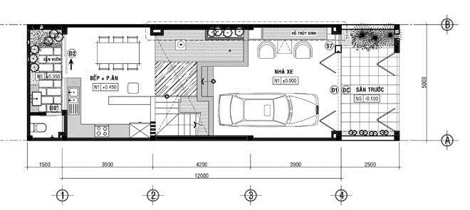 bản vẽ mặt bằng tầng trệt nhà ống 1 trệt 2 lầu có sân thượng