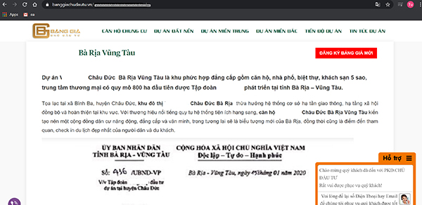 Ảnh chụp màn hình một website đăng tin rao bán đất nền tại Bà Rịa - Vũng Tàu