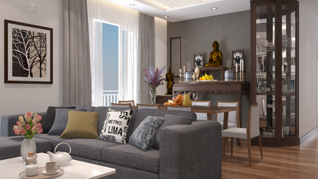 Căn hộ chung cư có bàn thờ Phật bố trí phía sau sofa phòng khách.