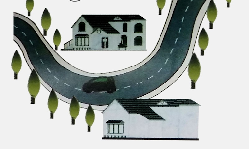 Minh họa nhà phạm phản cung sát, con đường uốn hình cánh cung ở giữa, hai bên là hai ngôi nhà.