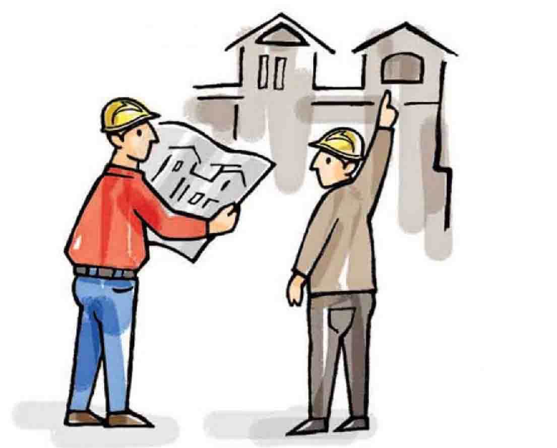 Hai người đàn ông cầm trên tay bản vẽ thiết kế nhà