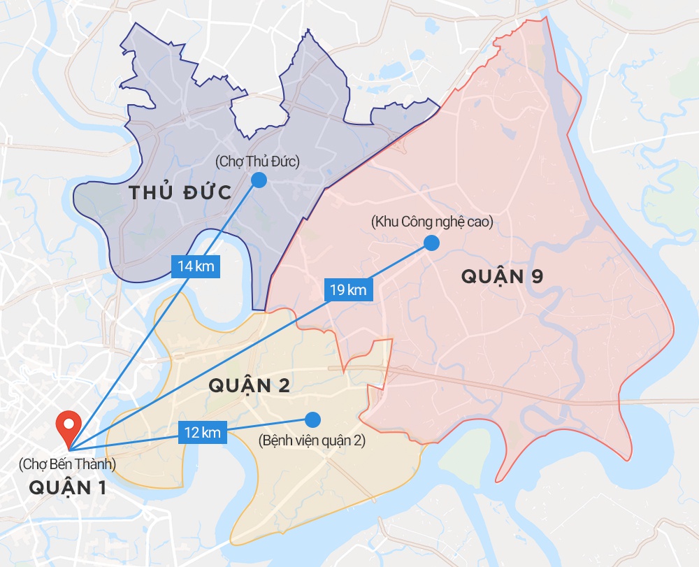 bản đồ TP. Thủ Đức trong tương lai, gồm quận 2, quận 9, Thủ Đức