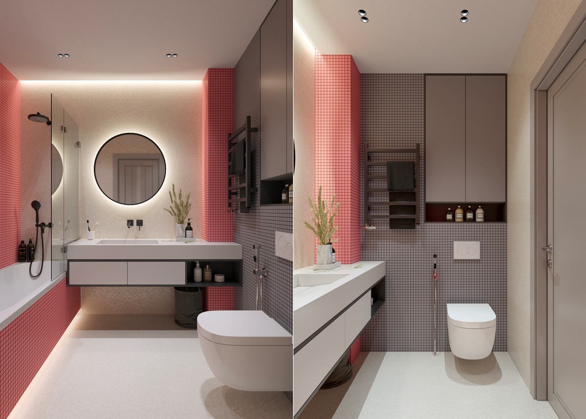 Thiết kế gạch kẻ ô nhỏ, sử dụng màu sắc tương phản giúp đánh lừa thị giác, khiến không gian phòng tắm trông có vẻ rộng hơn thực tế.