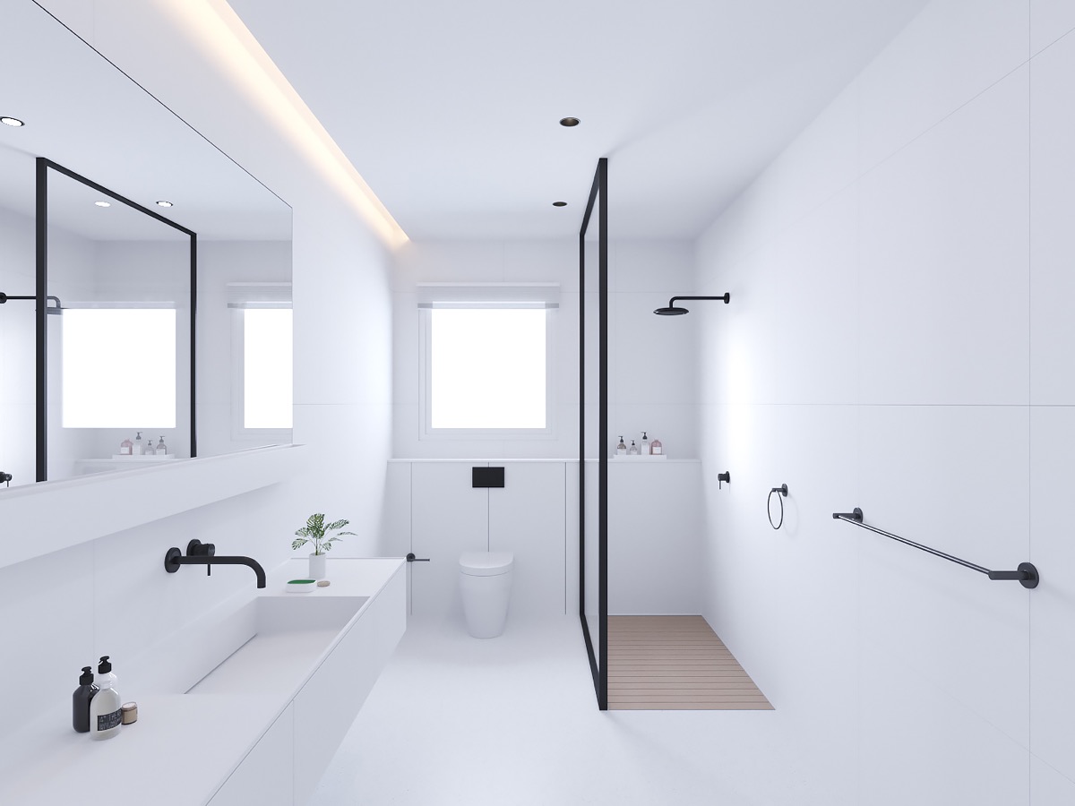Mẫu thiết kế phòng tắm tối giản, hiện đại với hai tông màu tương phản trắng-đen