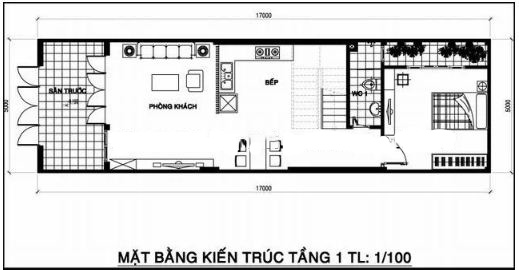 Mặt bằng thiết kế tầng 1 nhà phố 2 tầng 1 tum