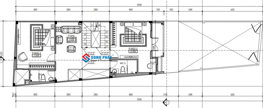 Mặt bằng lầu 1 nhà phố xây trên đất xéo