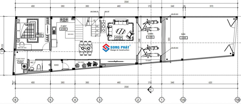 Bản vẽ thiết kế nhà phố trên mảnh đất xéo, nở hậu