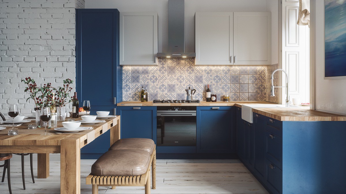 bếp màu xanh kết hợp nội thất gỗ