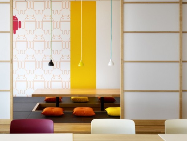 Just because Google was started in America does not mean they have eschewed Japanese cultural elements in creating this office. This meeting room features floor cushions and low table in the traditional Japanese style, but still incorporates the pervasive Android theme and an eclectic color scheme.